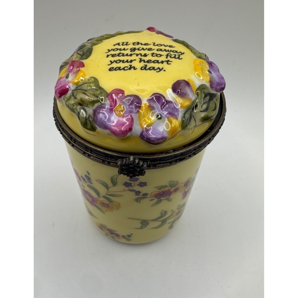 Bombay Company Yellow Floral Porcelain Hinged Candle Jar Inspirational Quote 4in